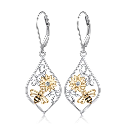 925 Sterling Silver Filigree Dangle Drop Leverback Teardrop Earrings - color: sunflower bee