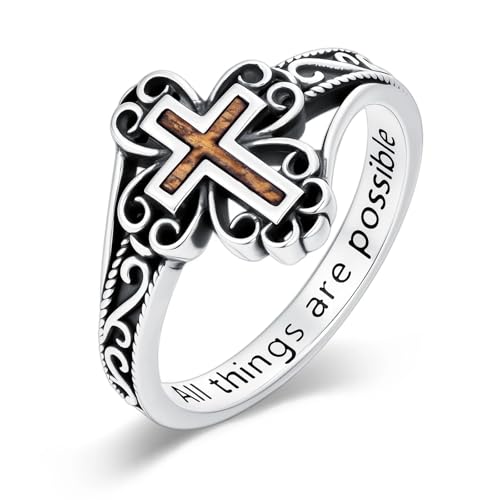 Faith Cross Ring for Women 925 Sterling Silver Wood Cross Ring Inspiring Religious Christian Jewelry Gifts (with Gift Box) - color: 01-Cross Ring