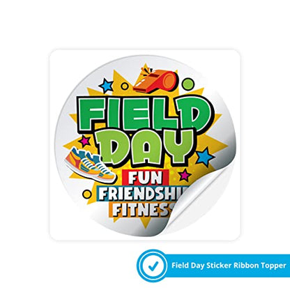 2024 School Field Day 100 Students Pack. Six Items per Student: 1- Ribbon, 1-2.25" Ribbon Topper Sticker, 1- Trophy Brag Tag, 1- Shoe Brag Tag, 1-3D Flexible Brag Stick, & 1- Purple Cable Ring - size: 100 Student Packs