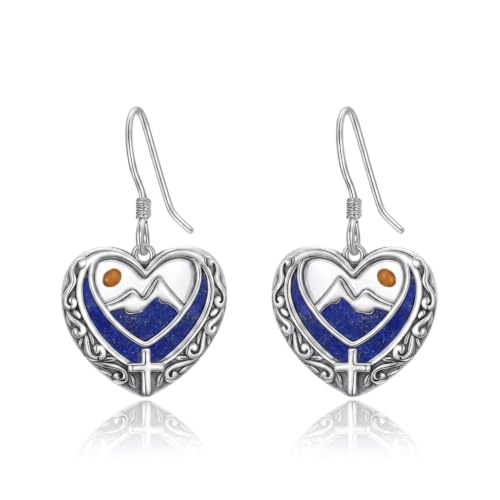 AOBOCO 925 Silver Mustard Seed Cross Heart Dangle Drop Earrings Women - color: Silver-Lapis Lazuli