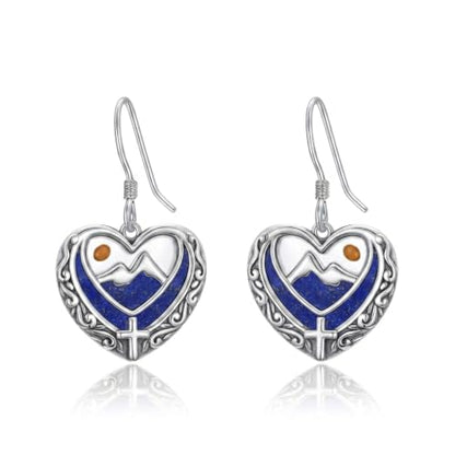 AOBOCO 925 Silver Mustard Seed Cross Heart Dangle Drop Earrings Women - color: Silver-Lapis Lazuli