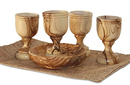The Jerusalem Gift Shop Since 2004 Olive Wood Communion Cups and Bread Plate Set, 4 Hand-Carved Kiddush Goblets with Tray - color: Brown