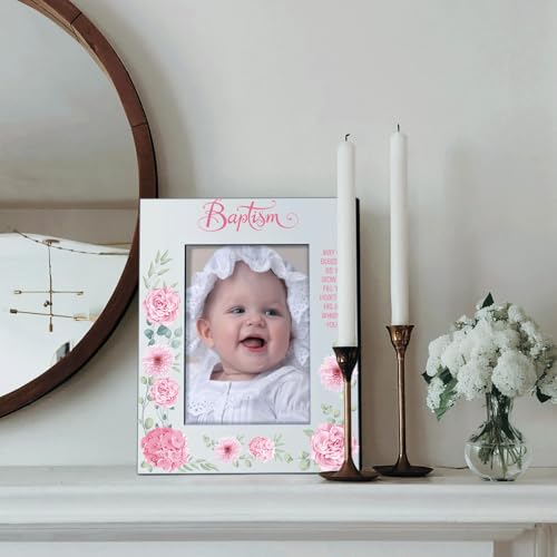 KATE POSH Baptism Picture Frame for Girl, Pink Flowers Decor, Christening, Religisous Gift, From Godparents, New Baby (5x7-Vertical) - size: 5x7-Vertical