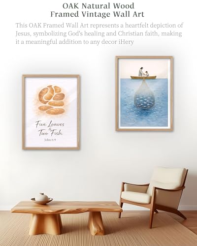 iHery 16x20in Miraculous Catch of Fish Framed Christian Wall Art - color: OAK Framed Fish, size: 20"L x 16"W