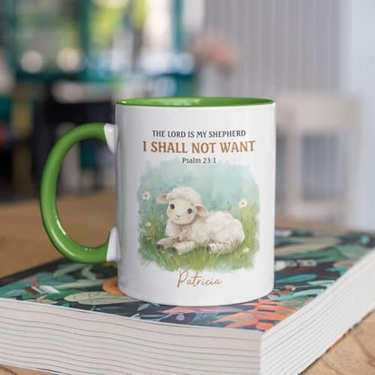 Adorable Lamb Illustration Mug, Customized Religious Cup For Grandparent, Personalized Christian Coffee Mug With Name, Novelty Bible Verse Ceramic Cup 11oz 15oz, Custom Christian Mug - color: HOA-624-2163-MY SHEPHERD MUG