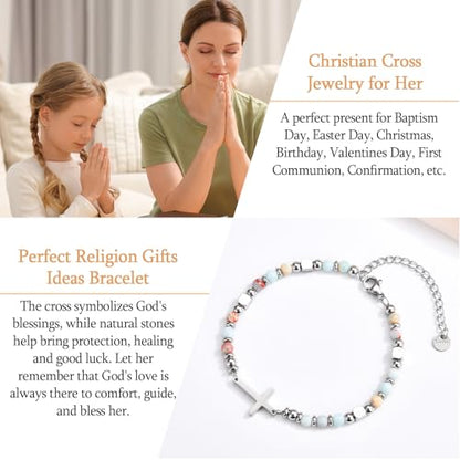 Christian Cross Bracelet for Women Girls, Adjustable Stainless Steel Beaded Cross Bracelets, First Communion Confirmation Easter Religious Bapstim Natural Gemstone Jesus Bracelet Gifts for Her - style: Child of God