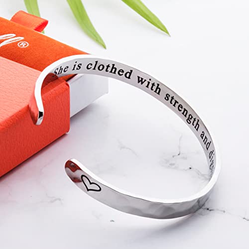 Carviell Bracelets for Women – 100+ Meaningful Engraved Messages – Solid 316L Surgical Stainless Steel Cuff Bracelet – Gift Ready - color: CHRISTIAN GIFT - She is clothed with strength and dignity