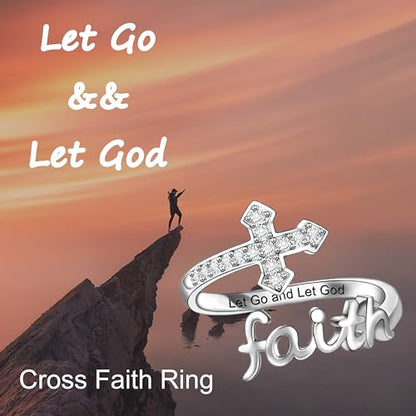 Helonley Cross Faith Ring for Women - 925 Sterling Silver Inspiration Rings - style: Let Go and Let God
