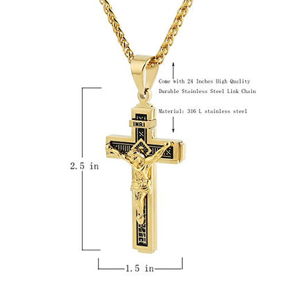HZMAN Catholic Jesus Christ INRI Cross Crucifix Pendant Necklace for Men - color: Gold