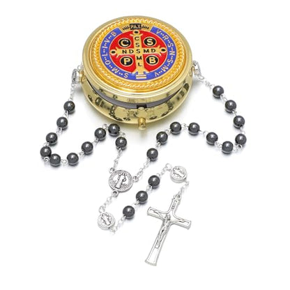 KOMI 6mm Glass Pearl Rosary Beads Catholic for Women with Metal Rosary Box Religious Gifts - style: St Benedict-hematite
