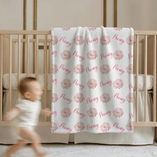 Personalized Floral Name Blanket, Custom Floral Name Design Peony, Soft Nursery Throw, Newborn Birthday Baptism Christening Keepsake - color: #Ver7