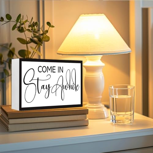 Come in Stay Awhile Sign Wooden Box Desk Decor,Rustic Farmhouse Home Wood Block Sign for Home Living Room Shelf Tabletop Decor 10'' x 6'' - style: Come in Stay Awhile