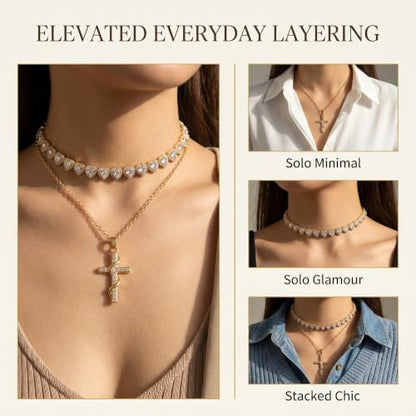 LOKOZ Cross Necklace for Women, Tennis Necklace, Gifts for Women - color: Layered Necklace - Cross 4 - Gold