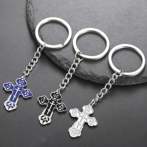 TEAMER Cross Keychain Russian Orthodox Crucifix Eastern Church Keychain Religious Christian Prayer Jewelry for Men Women - color: Blue Silver