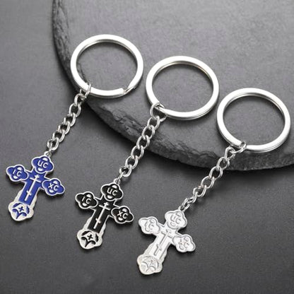 TEAMER Cross Keychain Russian Orthodox Crucifix Eastern Church Keychain Religious Christian Prayer Jewelry for Men Women - color: Blue Silver