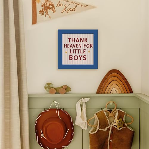 Boy Nursery Decor Wooden Box Sign, Vintage Thank Heaven for Little Boys Wood Block Signs Decorations, Boys Room Wood Box Signs for Kids Boy Bedroom Playroom Desk Shelf Tabletop Decor 5x5 - color: Thank Heaven for Little Boys-red blue-5x5