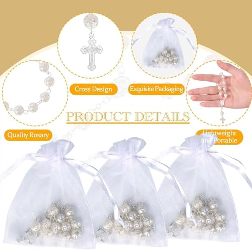 10 Set Baptism Party Favors Mini Rosary Beads Faux Pearls with Organza Bags for Christening Weddings First Communion Party Favors - style: Silver Rose