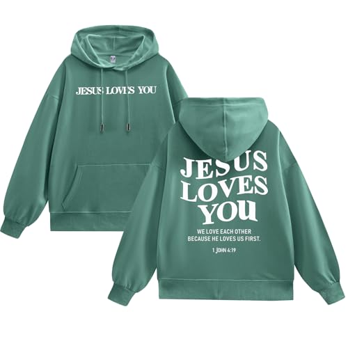 Christian Jesus Loves You Hoodies for Teen Religious Faith Sweatshirts Bible Verse Graphic Youth Hoodie - color: Green, size: X-Large