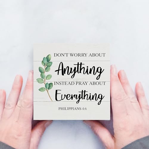 Christian Decor Box Sign for Home Office Church, Bible Verse Don't Worry About Anything, Religious Wooden Sign 5x5 Inches - color: Yelow