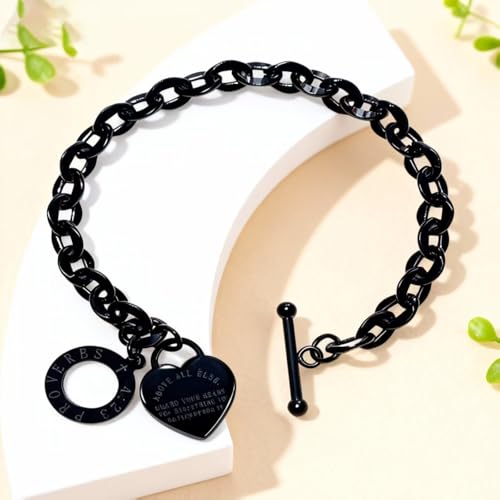 Heart Charm Bracelet Plated 18K Gold/Silver/Rose Gold Bible Scripture Heart Bracelet for Women Jewelry Gift Her Link Chain OT Clasp Stainless Steel - color: Black（7.1 inch）