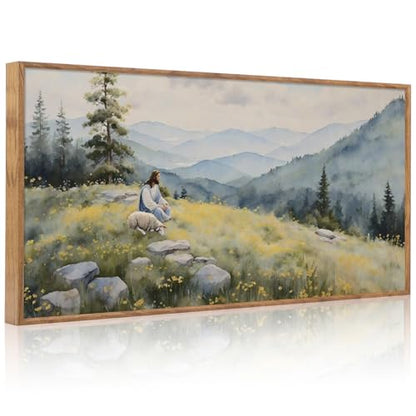 Aurlan Jesus Lost Sheep Psalm 23 Framed Canvas Wall Art 40x20 Inch - color: Jesus Lamb Landscape, size: 40"L x 20"W