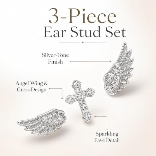 Angel Wing Stud Earrings for Women Crystal Cross Screw Back Wings Earrings Piercing Jewelry - color: 3pcs Silver