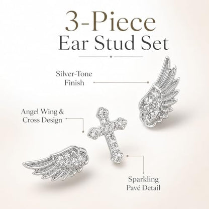 Angel Wing Stud Earrings for Women Crystal Cross Screw Back Wings Earrings Piercing Jewelry - color: 3pcs Silver