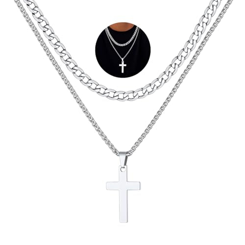 FaithHeart Cross Necklace for Men, Silver/Black/Gold Crucifix Necklace Stainless Steel Pendant with Cuban Chain Jesus Cross Necklaces Religious Gifts for Men - color: 01. Cross-Silver, size: Chain Length 18in/20in