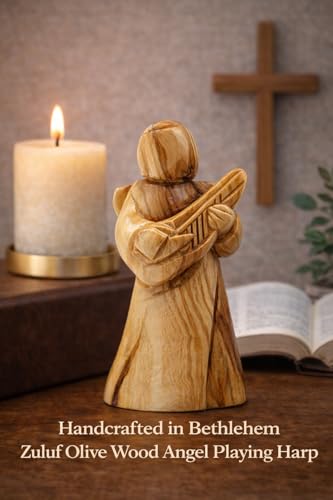 Zuluf Olive Wood Angel Playing Harp (4.3") – Hand Carved Musical Angel Figurine from Bethlehem – Christian Christmas Decor – Church Choir & Music Lover Gift – Holy Land Statue - color: 4.3" Angel Playing Violin