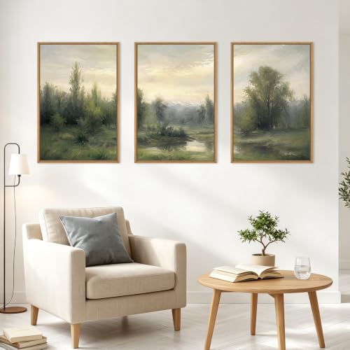 ANHUIB Abstract Monet Forest Canvas Wall Art 16x24 Inch Framed Sage Green Nature Painting Textured Neutral Woodland Landscape Artwork Prints Set of 3 Impressionist Pine Tree River Print for Living Room Bedroom Office - color: Abstract Monet Forest, size: