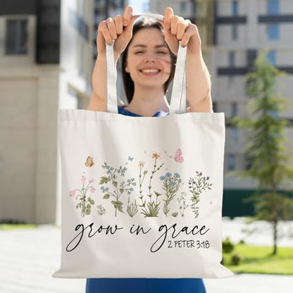 God Says You are Christian Canvas Tote Bags for Women, Inspirational Christian Gifts for Women - color: Grow in Grace