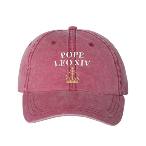 Pope Leo XIV with Crown Embroidered Baseball Cap Adjustable Cotton Dad Hat Pigment-Dyed - color: Cardinal
