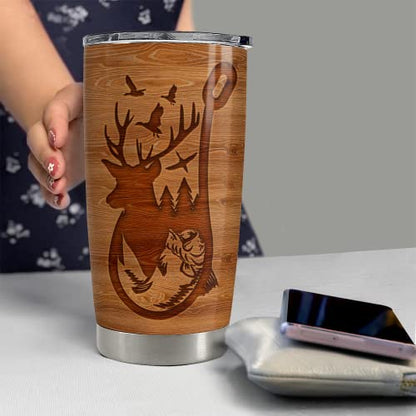 SANDJEST Personalized Hunting Tumbler Fishing and Hunting Love Wood Drawing 20oz 30oz Tumbler with Lid for Father Man Fishing Hunting Lover - color: Hunting