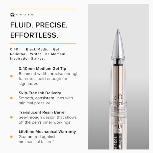Cross Lume Translucent Translucent Clear Resin Rollerball Pen - Chrome-Plated Appointments - Black Medium Gel Rollerball - 0.40mm Line Width - Lifetime Mechanical Warranty - color: Clear