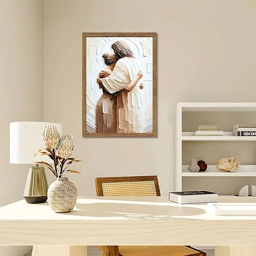 Wood Framed Jesus Embracing Woman Canvas Wall Art, Safe in His Arms Pictures Canvas Print Posters Wall Decor, Christian Wall Art Home Decor for Living & Prayer Room 16x24 inch - color: Wood Framed Jesus Protects, size: 24"L x 16"W