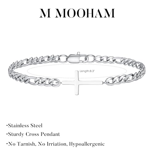 M MOOHAM Cross Bracelet for Men, Silver/14K Gold Plated Mens Bracelet - color: Silver Plated Figaro Chain-8.3Inch