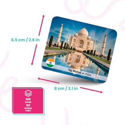 Menique Explore the World Memory Matching Game – Spanish Edition – 100 Cards (50 Pairs) with Iconic Landmarks, Country & Flag – Educational Geography Game in Spanish. - style: (ES) Explora el Mundo