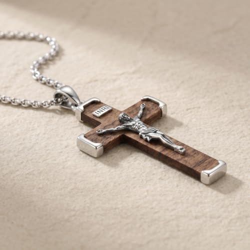 Cross Necklace for Men 925 Sterling Silver & Wood Cross Pendant with Stainless Steel Chain Cross Necklace for Men Women Christian Jewelry Gift - color: Crucifix
