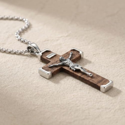 Cross Necklace for Men 925 Sterling Silver & Wood Cross Pendant with Stainless Steel Chain Cross Necklace for Men Women Christian Jewelry Gift - color: Crucifix