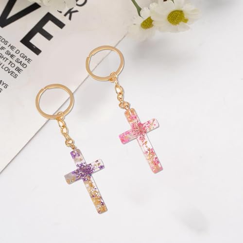 2PCS Cross Flower Keychain,Christian Cross Keychain for Women