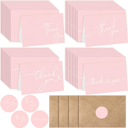 Teling 200 Set Thank You Cards with Envelopes Bulk, 6 x 4 Inch Blank Thank U Greeting Notes with Brown Kraft Envelopes Stickers Thankyou Card Set for Graduation Wedding Birthday Baby Shower(Pink) - color: Pink