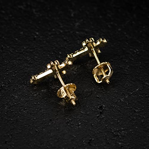 Small Mens Women's Prong Set Iced 5A Cz Hip Hop Yellow Gold 925 Sterling Silver Screw Back Post Hypoallergenic Crucifix Ice Out Cubic Zirconia Gothic Cross Stud Earrings