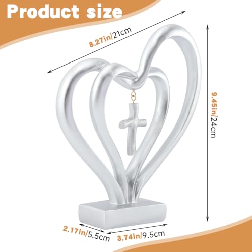 Double Heart Sculpture, Romantic Resin Sculpture of Two Hearts and Cross for Table Shelf Ornaments, Double Heart Figurines for Valentines Anniversary Wedding Couple Gift(COLOR:silver)