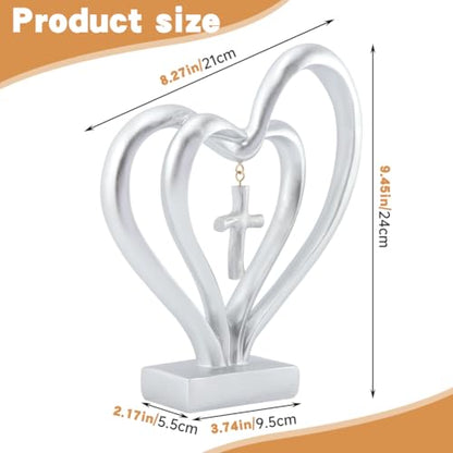 Double Heart Sculpture, Romantic Resin Sculpture of Two Hearts and Cross for Table Shelf Ornaments, Double Heart Figurines for Valentines Anniversary Wedding Couple Gift(COLOR:silver)