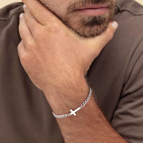 M MOOHAM Cross Bracelet for Men, Silver/14K Gold Plated Mens Bracelet - color: Silver Plated Cuban Chain-8.3Inch
