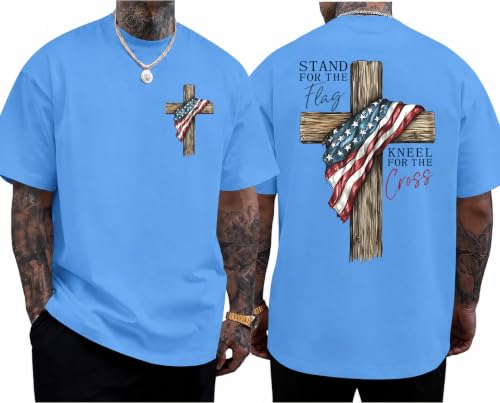 Christian Patriotic Faith Shirts, Stand for The Flag Kneel for The Cross Shirt Men Women Graphic Short Sleeve T-Shirt Tee - color: Carolina Blue, size: X-Small