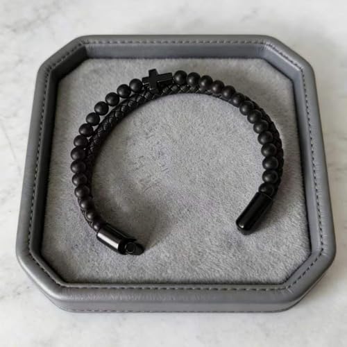Kim Carrey Italian Handmade Leather Bracelets for Men - color: Black Cross, size: 8.2"