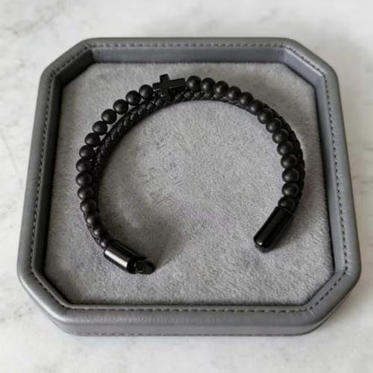 Kim Carrey Italian Handmade Leather Bracelets for Men - color: Black Cross, size: 8.2"
