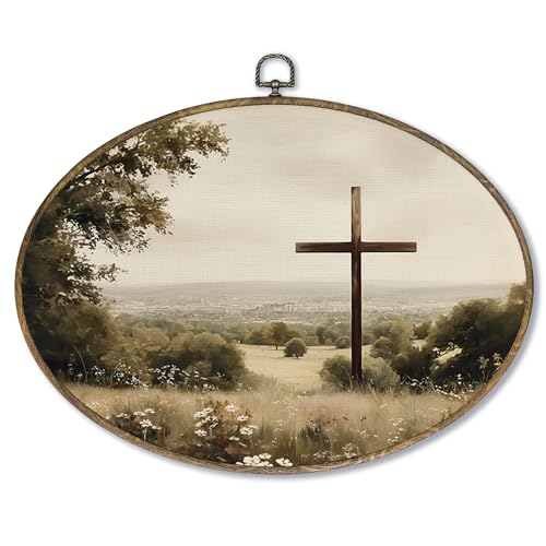 Fewgb Christian Cross Oval Wall Art Decor Framed for Church, Vintage Easter Religious Cottagecore Canvas Wall Art Prints Picture, Rustic Country Wildflower Hanging Room Decor Artwork for Bedroom 9x12 - color: christian-03