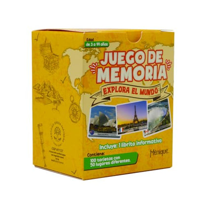 Menique Explore the World Memory Matching Game – Spanish Edition – 100 Cards (50 Pairs) with Iconic Landmarks, Country & Flag – Educational Geography Game in Spanish. - style: (ES) Explora el Mundo